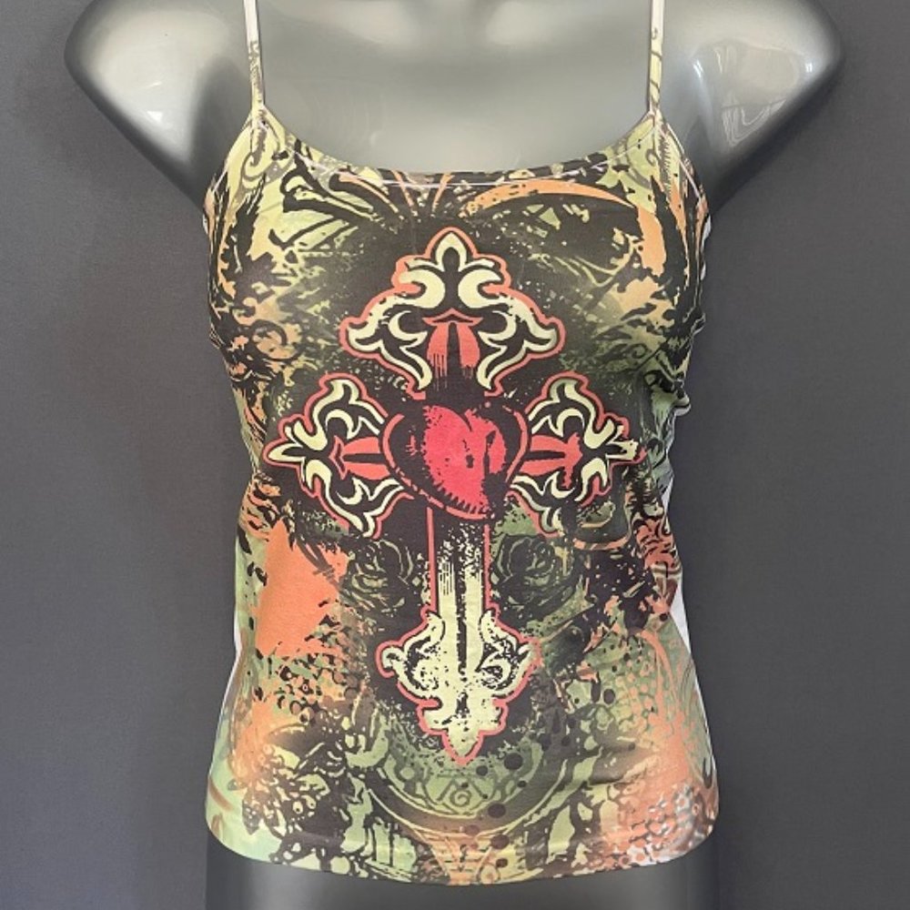 Womens Sublimation Spandex Nylon Tattoo Heart Cross Retro Tank Top S M L XL